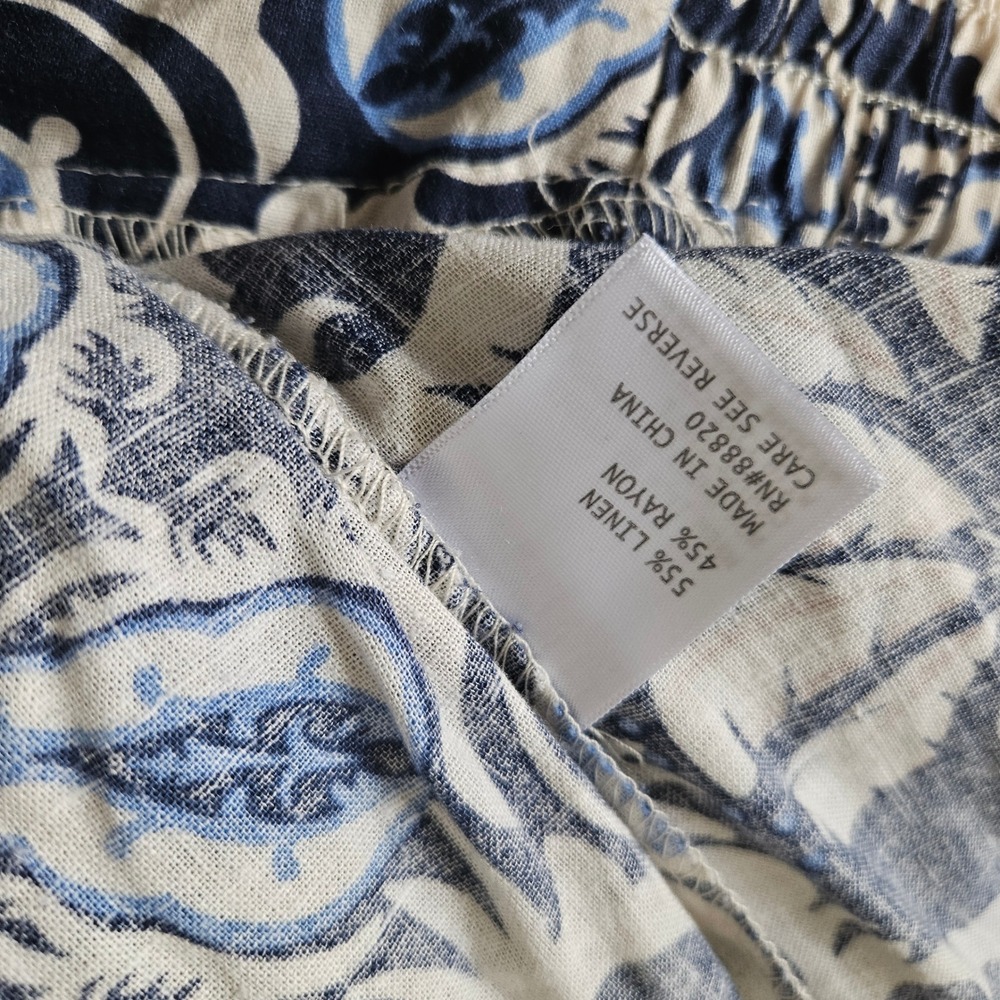 Rachel‎ Zoe Linen Blend Ikat Boho Wide Leg Crop Pants Sz L Blue Ivory Flowy - Picture 10 of 10